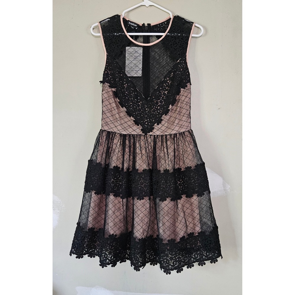 Bebe Black Lace Mesh Fit & Flare Dress Blush Lined Small